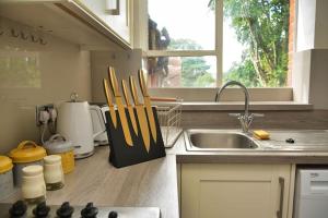 a kitchen with a sink and a knife block on the counter at Crondall Stores Flat in Crondall