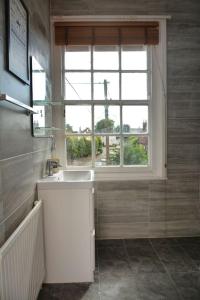 baño con lavabo y ventana en Crondall Stores Flat en Crondall