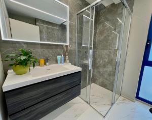 un baño con lavabo y ducha en Darsena Luxury apartments, en Viareggio 30 fotos más