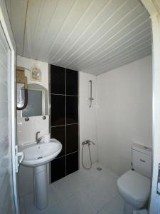 a small bathroom with a sink and a toilet at ÇAMLIK PANSİYON in Antalya