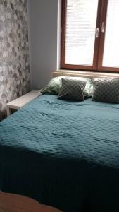 a bed with two pillows in a bedroom with a window at Apartament Zalesie z tarasem in Lubin