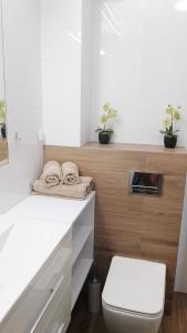 a white bathroom with a toilet and a sink at Apartament Zalesie z tarasem in Lubin