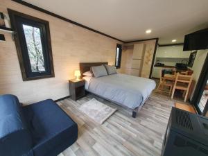 1 dormitorio con cama, sofá y TV en Tiny House Suite Los Mallines de Malalcahuello en Malalcahuello