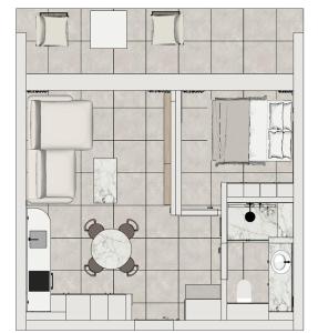 Plano del suelo de un baño con un osito de peluche en Rewal HEVENIA Premium Baltic Apartment with SPA access, en Rewal