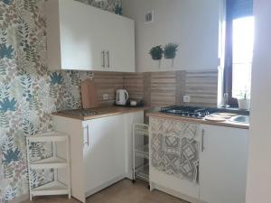 a kitchen with white cabinets and a counter top at Apartamenty Rodzinne Pilica PARK in Sulejów +30 photos