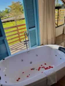 a bath tub with roses on it in front of a window at Pousada Di Venezia - Hotel Fazenda in Nova Veneza