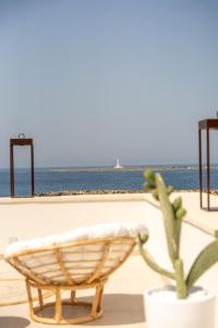 a chair and a plant in front of the ocean at Fronte Mare Casa Daspa in Gallipoli