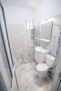 La salle de bains est pourvue d'une douche et de toilettes blanches. dans l'établissement Vila Dumbrava, à Eforie Sud