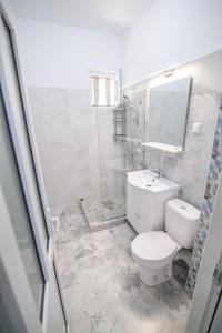 a bathroom with a white toilet and a shower at Cazare Dumbrava in Eforie Sud