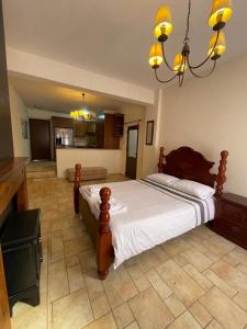 ein Schlafzimmer mit einem großen Bett in einem Zimmer in der Unterkunft Palm Villa Private Studio in Phrenaros