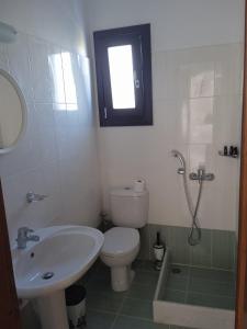 a bathroom with a toilet and a sink and a shower at Iliachtida apartments in Philotium