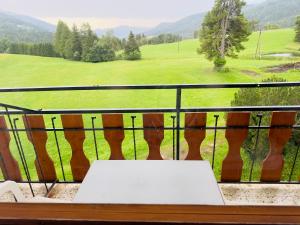 - une table sur un balcon avec vue sur un champ dans l'établissement Urlaub am Fieglerberg, 
