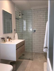 a bathroom with a sink and a shower at Garden Cottage - Leafy Constantia Guest House in Cape Town