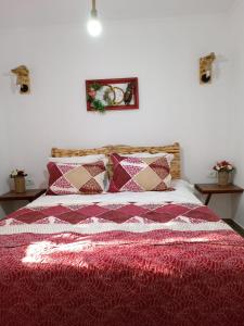 a bed with a red blanket and pillows on it at Desculti prin iarba- la 6,6 km de centrul Piatra Neamt in Piatra Neamţ