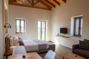 a bedroom with a bed and a couch and a tv at Olivar Suites in Plitra