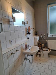 een badkamer met een wastafel en een toilet bij Flensburg City 10 1 OG L in Flensburg
