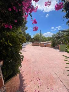 a brick walkway with pink flowers on it at Can Andre in Sant Jordi