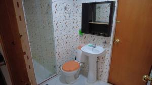 a bathroom with a toilet and a sink and a shower at Nora's HomeStay Laureles in Medellín