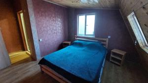 a bedroom with a blue bed and a window at Mtskhetela's House in Mtskheta