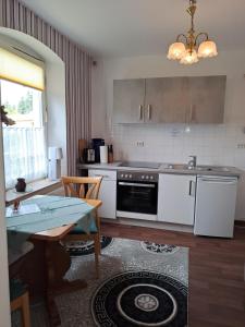 uma cozinha com electrodomésticos brancos, uma mesa e uma sala de jantar em Keller´s Ferienwohnung an der Saale em Schwarzenbach an der Saale