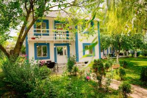 a blue and white house with a garden at Pescarul Deltei in Murighiol