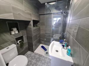 y baño con aseo, lavabo y ducha. en Yellow Lemur Apartment - Lemur Lodge - Short Stroll to the Beach - Free Wifi, en Bournemouth