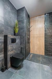 a bathroom with a black toilet and a shower at Apartament w Dolinie Sanu in Lesko