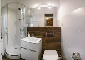 ein Bad mit einem WC, einem Waschbecken und einer Dusche in der Unterkunft Sławica Inn domek letniskowy nad jeziorem in Sławica