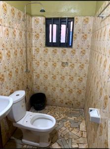 a bathroom with a toilet and a sink and a window at Hôtel cœur des montagnes in Abomey