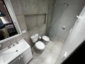 a bathroom with a toilet and a sink and a shower at DEPARTAMENTOS DEL GOLF in Macachín