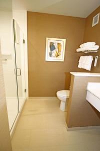 La salle de bains est pourvue de toilettes et d'une douche en verre. dans l'établissement Fairfield Inn & Suites by Marriott London, à London