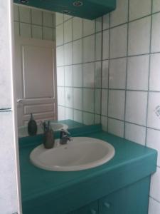 bagno con lavandino bianco e specchio di chambre dans maison avec piscine et cuisine a Saint-Étienne