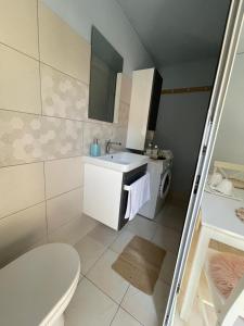 Baño pequeño con aseo y lavamanos en Garsoniera la casa, en Timisoara