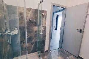 eine Dusche mit Glastür im Bad in der Unterkunft Paradis Baile Felix in Baile Felix