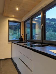 a kitchen with a sink and two windows at Appartements Amber in Kleinarl