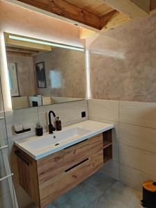 uma casa de banho com um lavatório e um espelho em la maisonette em Saignelégier