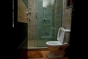 a bathroom with a toilet and a glass shower at DMK Apartments in Abuja