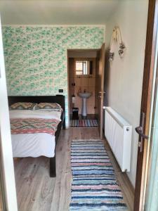 a bedroom with a bed and a bathroom with a sink at Vila Noris in Borşa