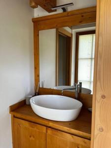 baño con lavabo blanco grande y espejo en Il nido al Maso Maoro, en Sant’Orsola