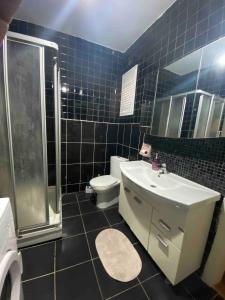 e bagno con servizi igienici, lavandino e doccia. di Perfect Location , Nişantaşı Private Room R3 a Istanbul
