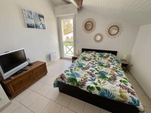 een slaapkamer met een bed en een flatscreen-tv bij La Villa Louca in Saint-Vincent-de-Tyrosse