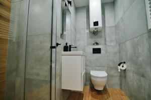 uma casa de banho com um WC e um chuveiro em Noclegi u Szymonków Zator Przeciszów em Zator