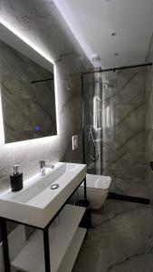 a bathroom with a sink and a shower and a toilet at Vila 90 Boutique Hotel in Tirana