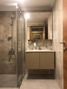a bathroom with a shower and a sink and a mirror at Grand İska Hotel in Istanbul