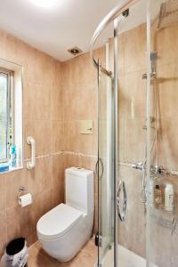 uma casa de banho com um WC e um chuveiro em *Little Haven in Leeds* ¤Private Parking¤ Ensuite em Killingbeck