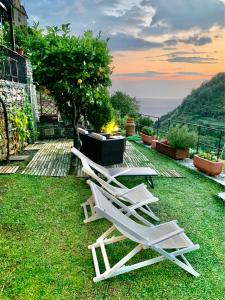 two white lawn chairs sitting on the grass at Affittacamere Le Terrazze in Corniglia