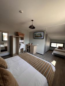 1 dormitorio con 1 cama grande y escritorio en Hôtel La Pinède en Soulac-sur-Mer