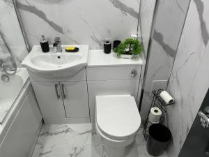 a white bathroom with a toilet and a sink at Erskine Apartment in Erskine +19 photos