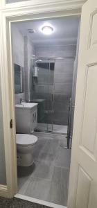 a bathroom with a toilet and a shower with a glass door at Spacious large Room In Nottingham 005 in Nottingham