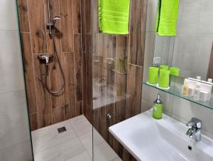 bagno con doccia, lavandino e doccia di Baross40 Apartments a Budapest